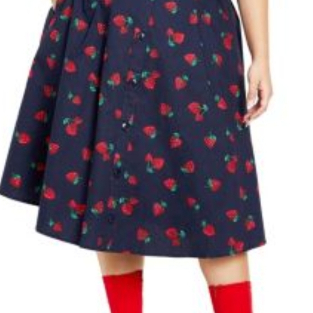 City Chic Navy Strawberry A-Line Skirt Belted Pockets - Picture 2 of 9